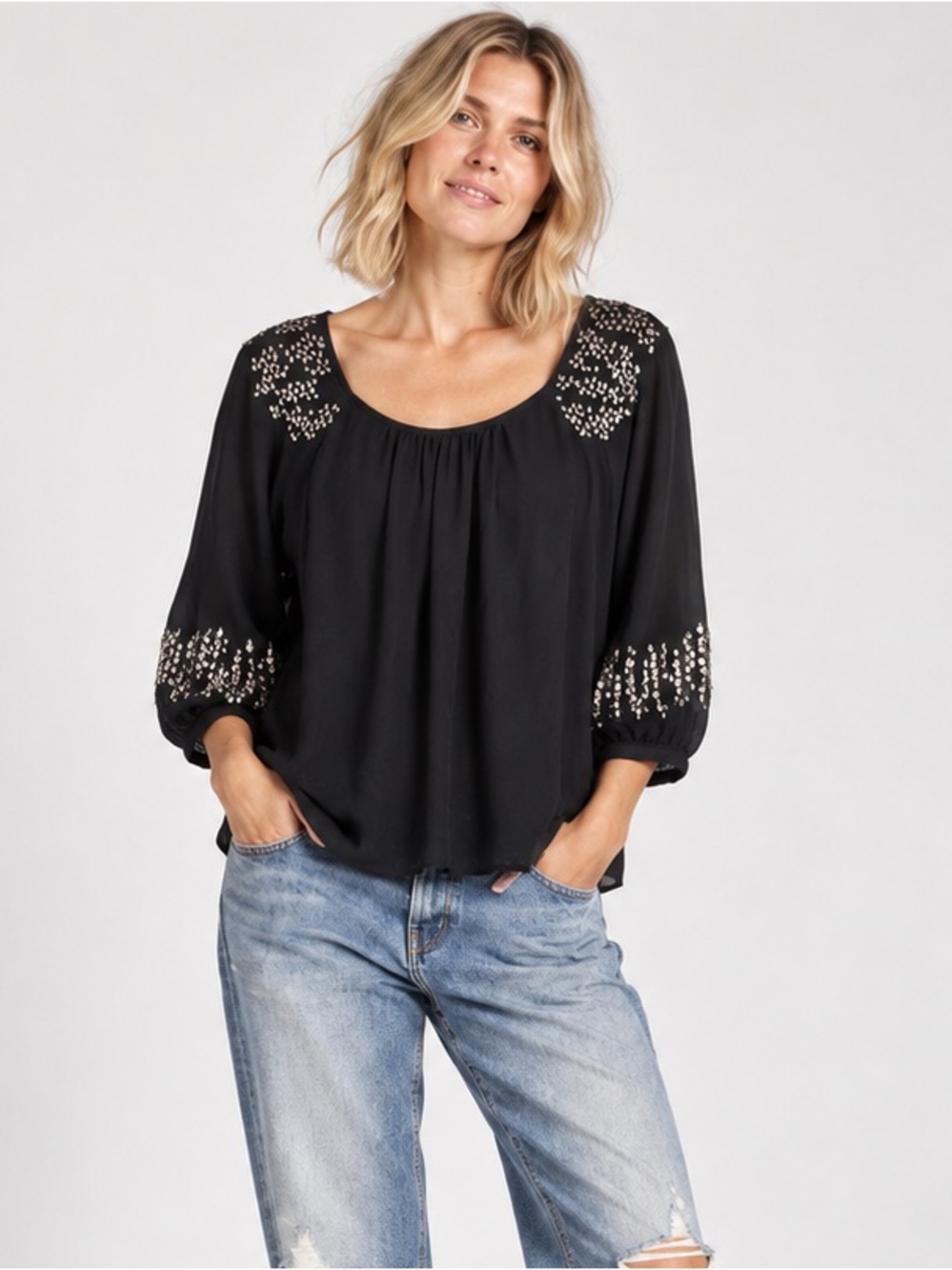 Parker Metallic Paillettes Embellished Blouse Chiffon Black Beaded Size Small